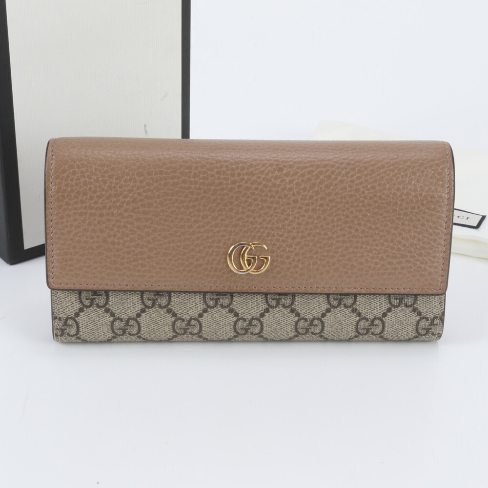 Gucci GG Supreme Marmont 456116 Leather Long Wallet, Beige, Women's